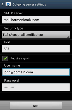Android - Outgoing Mail Server Settings